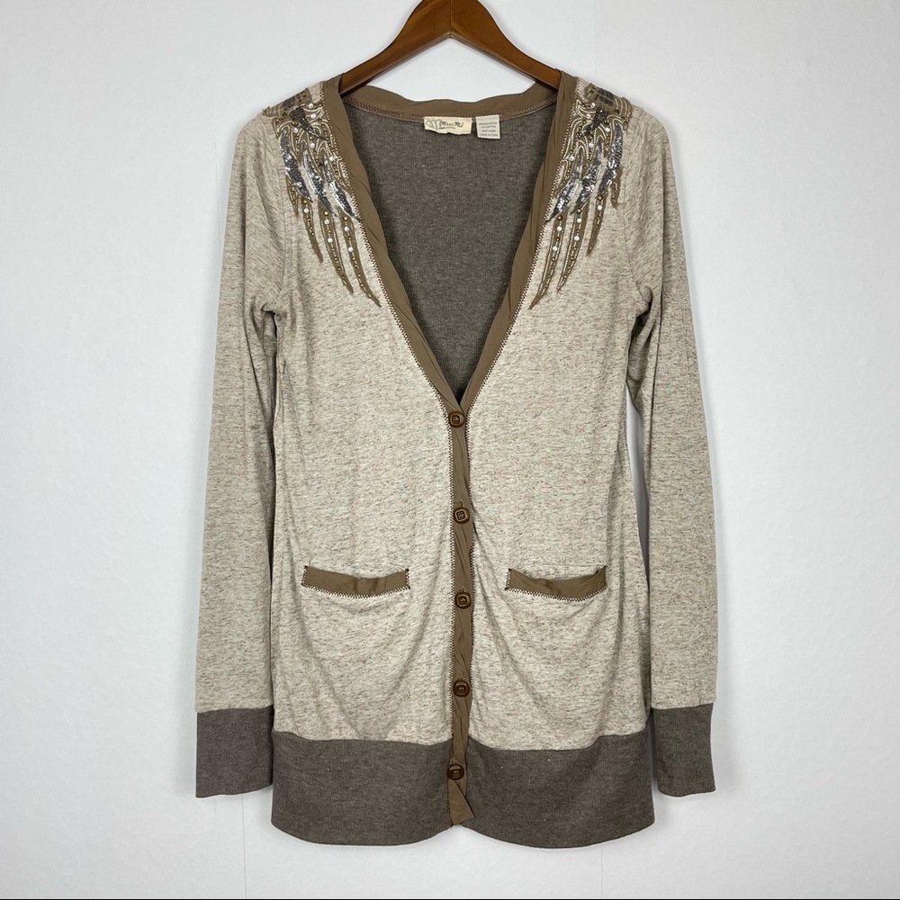 Miss Me | Brown Angel Wing Jeweled Button Front Long Cardigan